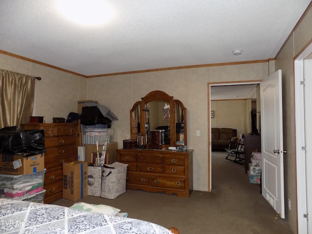 bedroom featuring a textured ceiling, light colored carpet, and crown molding