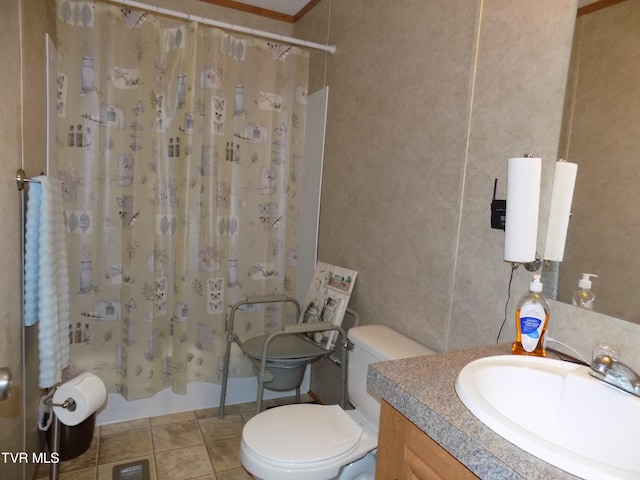 full bathroom featuring shower / bathtub combination with curtain, vanity, crown molding, tile patterned flooring, and toilet