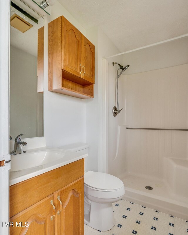 bathroom featuring walk in shower, vanity, and toilet