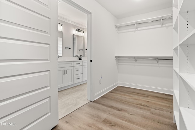 spacious closet featuring sink and light wood-type flooring