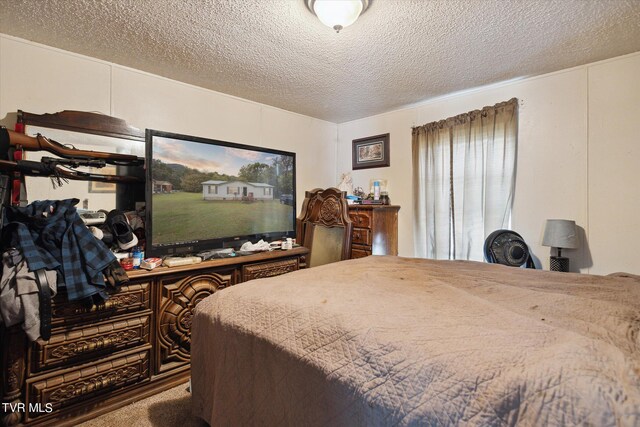 carpeted bedroom with a textured ceiling