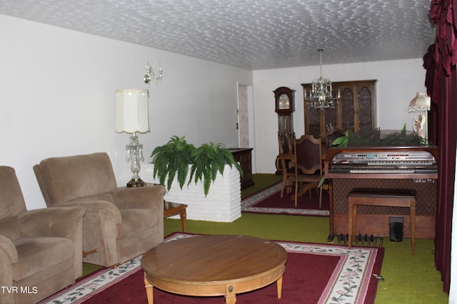 carpeted dining area featuring an inviting chandelier and a textured ceiling