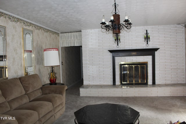 carpeted living room with an inviting chandelier, a textured ceiling, a fireplace, and crown molding