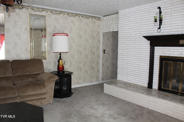 living room with a textured ceiling and carpet