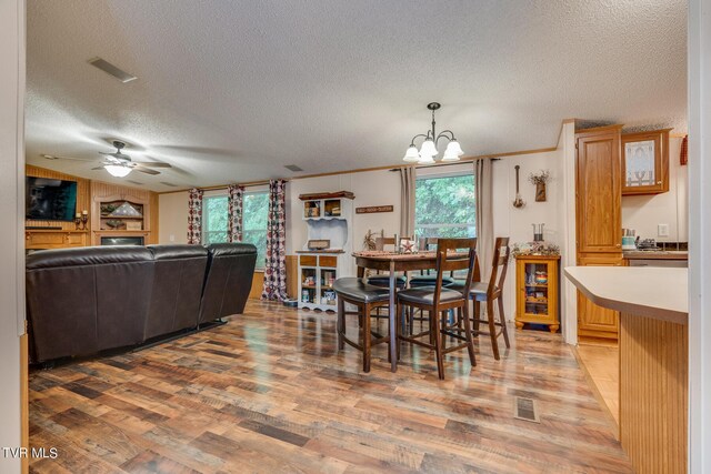 dining area featuring a textured ceiling, ceiling fan with notable chandelier, ornamental molding, and wood-type flooring