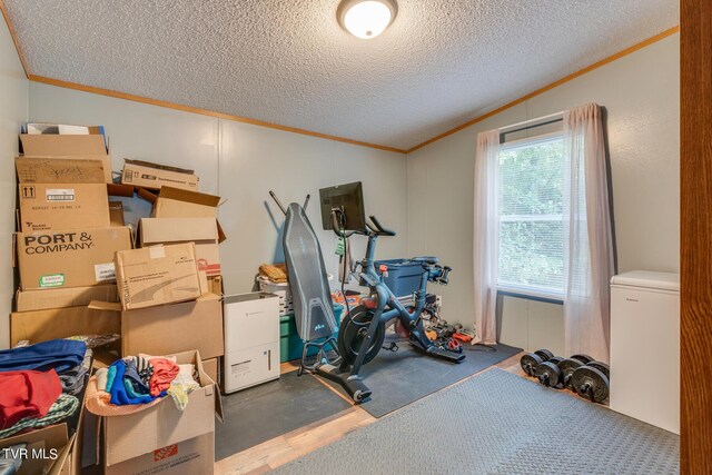 workout area with a textured ceiling, lofted ceiling, crown molding, and hardwood / wood-style floors