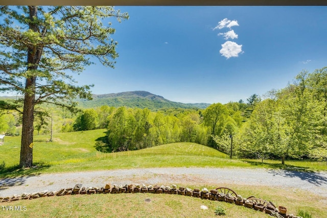 surrounding community with a mountain view and a yard