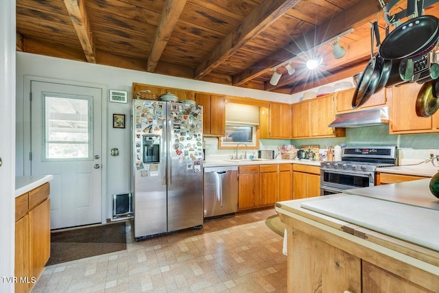 kitchen featuring sink, beam ceiling, decorative backsplash, appliances with stainless steel finishes, and wooden ceiling