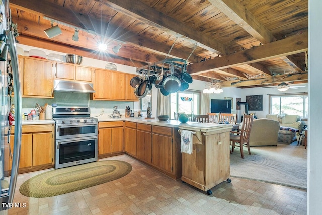 kitchen with wood ceiling, kitchen peninsula, a healthy amount of sunlight, and double oven range