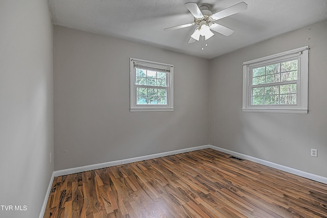 empty room featuring a wealth of natural light, ceiling fan, wood-type flooring, and a textured ceiling