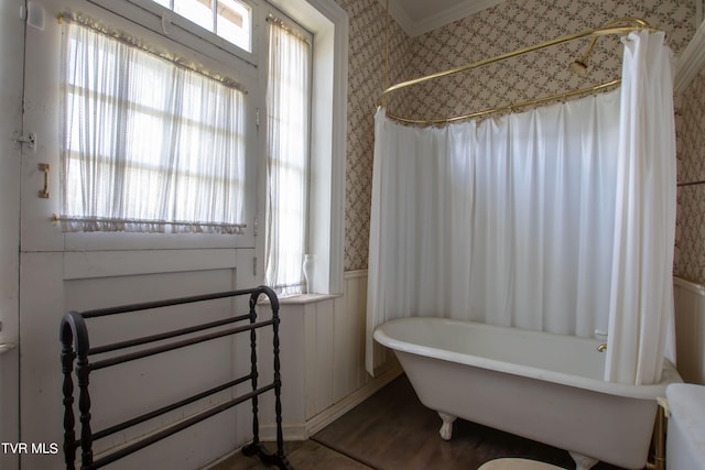 bathroom with ornamental molding and hardwood / wood-style floors