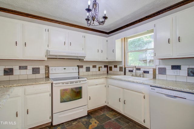 kitchen featuring white cabinets, white appliances, an inviting chandelier, ornamental molding, and sink