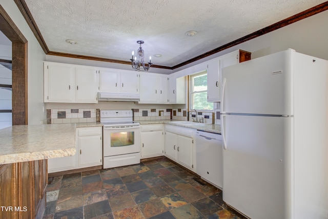 kitchen featuring white cabinets, kitchen peninsula, sink, white appliances, and a notable chandelier