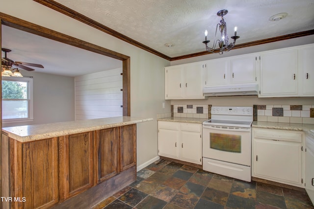 kitchen with a textured ceiling, ceiling fan with notable chandelier, white cabinetry, and white range with electric stovetop