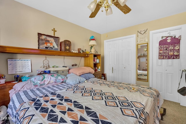 bedroom featuring ceiling fan, a closet, and carpet flooring