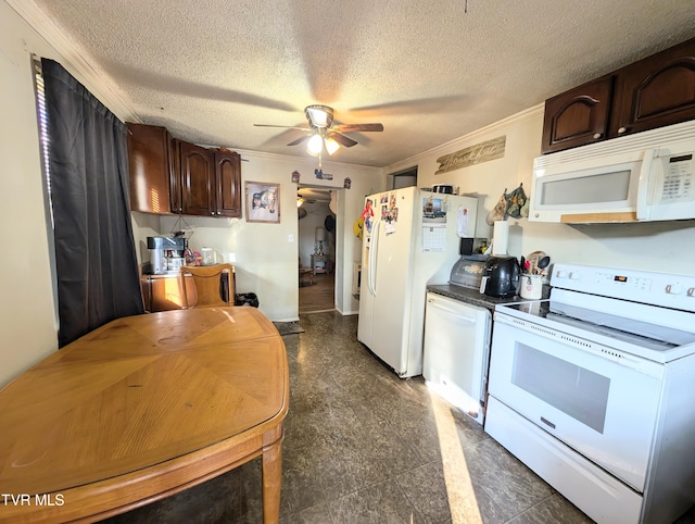 kitchen with white appliances, a textured ceiling, ceiling fan, dark brown cabinetry, and ornamental molding