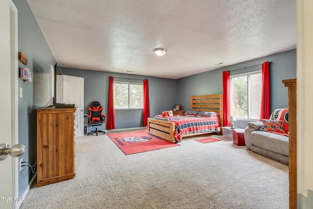 bedroom with carpet, multiple windows, and a textured ceiling