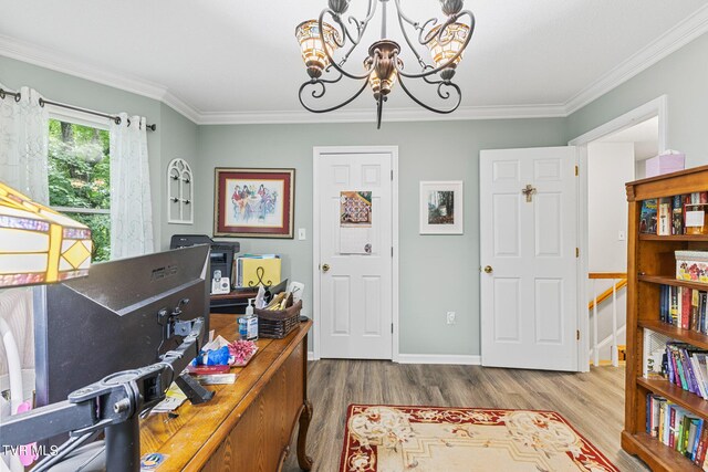 office area featuring crown molding, hardwood / wood-style floors, and a notable chandelier