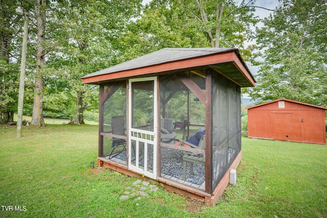 view of outbuilding with a lawn