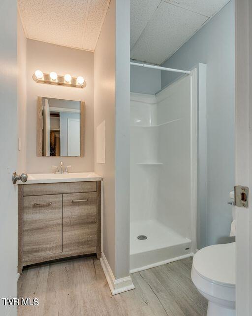 full bath featuring vanity, wood finished floors, and a walk in shower