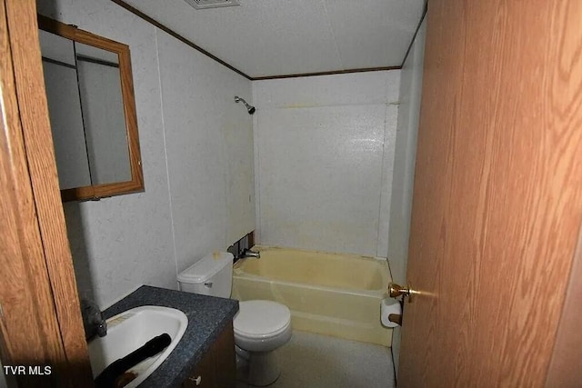 full bathroom with shower / bathing tub combination, a textured ceiling, vanity, and toilet