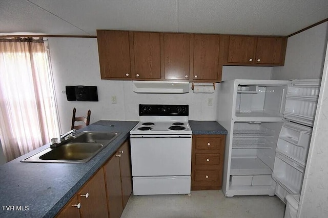 kitchen featuring dark countertops, white electric range, brown cabinetry, a sink, and ventilation hood