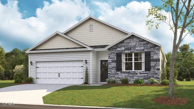 1720 Fox Meadows Cir, Bluff City, TN 37618 - craftsman house featuring stone siding, concrete driveway, a garage, and a front lawn