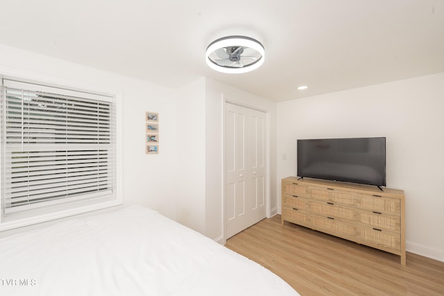 bedroom with a closet and wood-type flooring