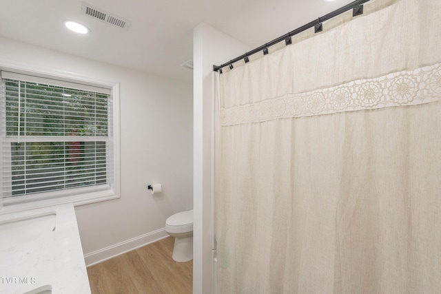 bathroom with wood-type flooring, vanity, and toilet