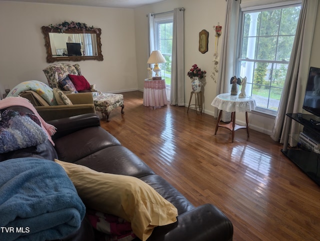 living room with a healthy amount of sunlight and dark hardwood / wood-style floors