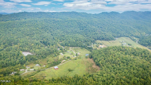 drone / aerial view featuring a forest view and a mountain view