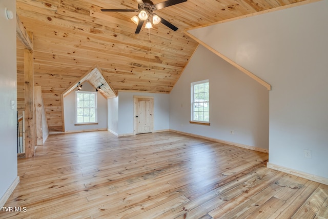 bonus room featuring light hardwood / wood-style floors, lofted ceiling, wooden ceiling, and ceiling fan