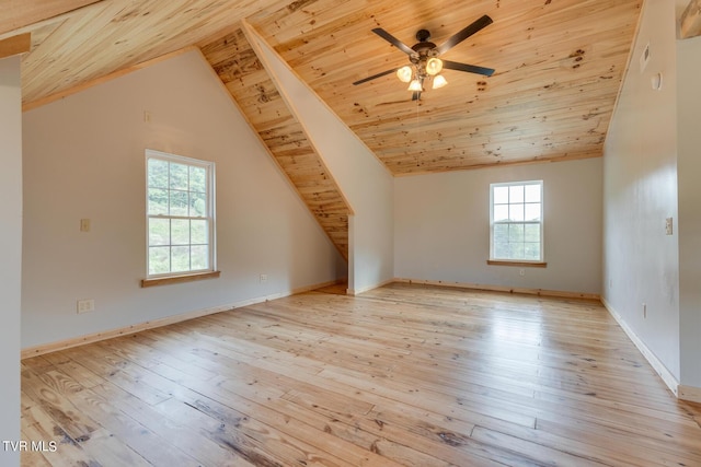 additional living space with wood ceiling, light wood-style floors, vaulted ceiling, and ceiling fan