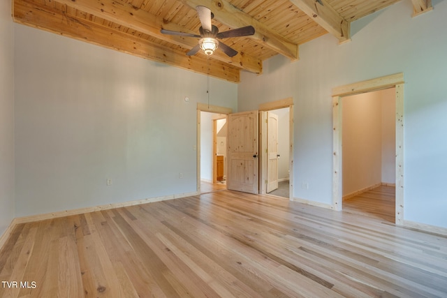 unfurnished bedroom with wood ceiling, beam ceiling, and light wood-type flooring