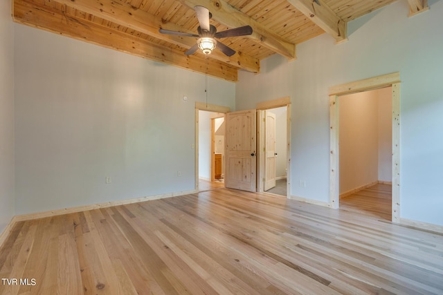 unfurnished bedroom featuring wooden ceiling, baseboards, wood finished floors, and beamed ceiling