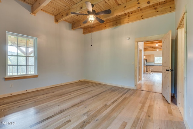 spare room with beamed ceiling, ceiling fan, light wood-type flooring, and wood ceiling