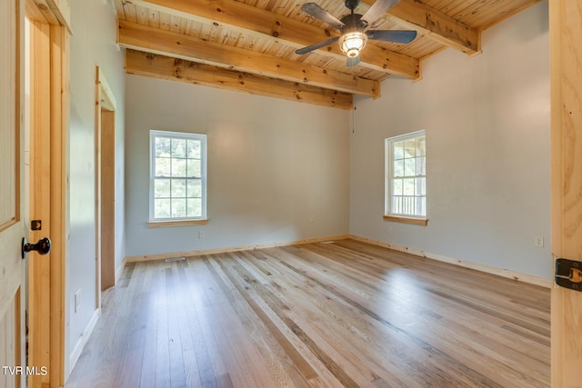 unfurnished room with beamed ceiling, a wealth of natural light, wooden ceiling, and light wood-type flooring