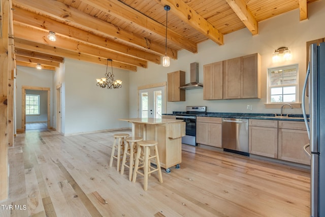 kitchen featuring appliances with stainless steel finishes, a healthy amount of sunlight, and wall chimney range hood