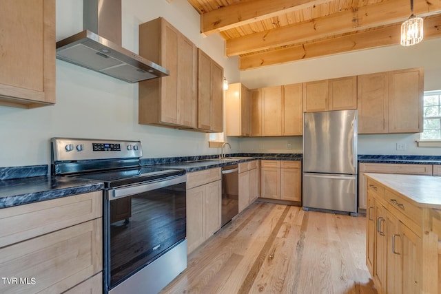 kitchen with light wood finished floors, stainless steel appliances, light brown cabinets, wall chimney range hood, and wooden ceiling