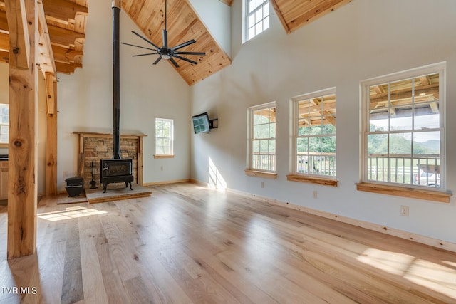 unfurnished living room featuring a wealth of natural light, high vaulted ceiling, a wood stove, and wooden ceiling