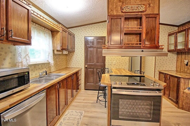 kitchen featuring appliances with stainless steel finishes, light hardwood / wood-style floors, a textured ceiling, crown molding, and lofted ceiling