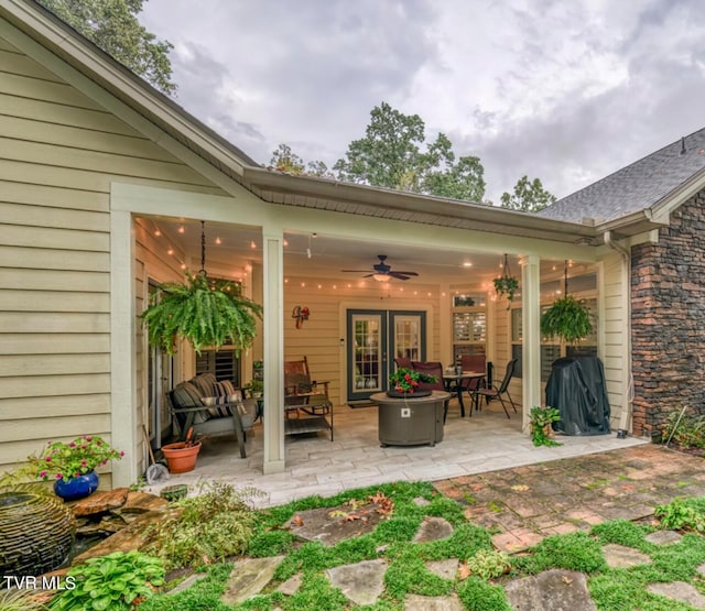 view of patio / terrace featuring outdoor lounge area, ceiling fan, and area for grilling