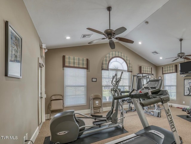 exercise room featuring carpet, plenty of natural light, lofted ceiling, and ceiling fan