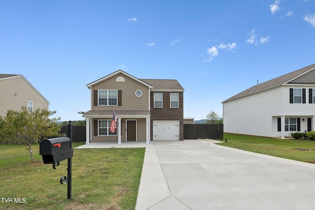 front facade featuring a front lawn and a garage