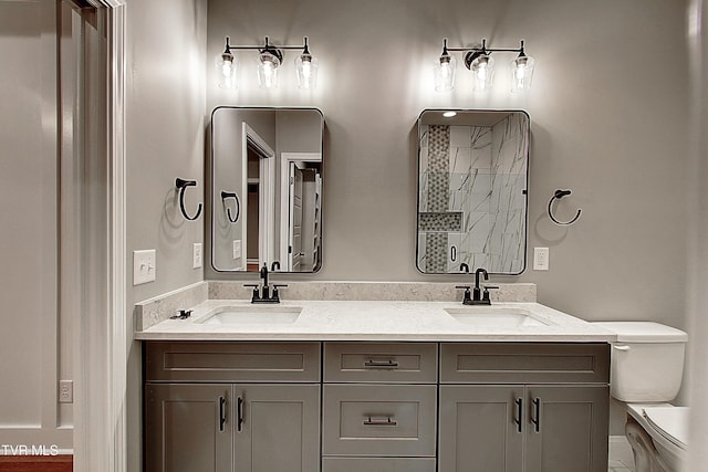 bathroom featuring a shower, vanity, and toilet