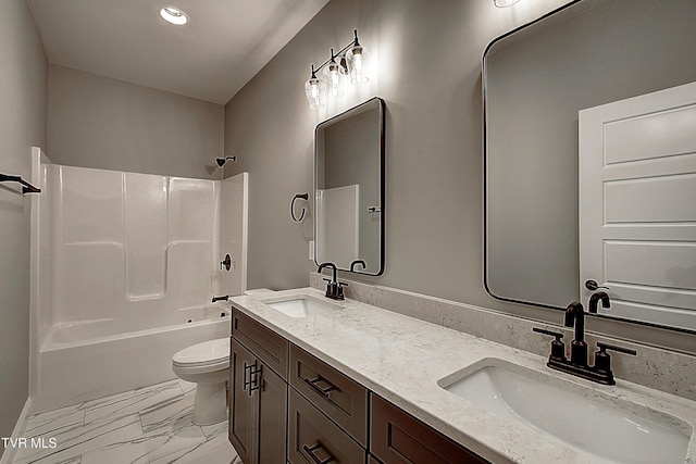 full bathroom featuring vanity, toilet, and shower / bathing tub combination