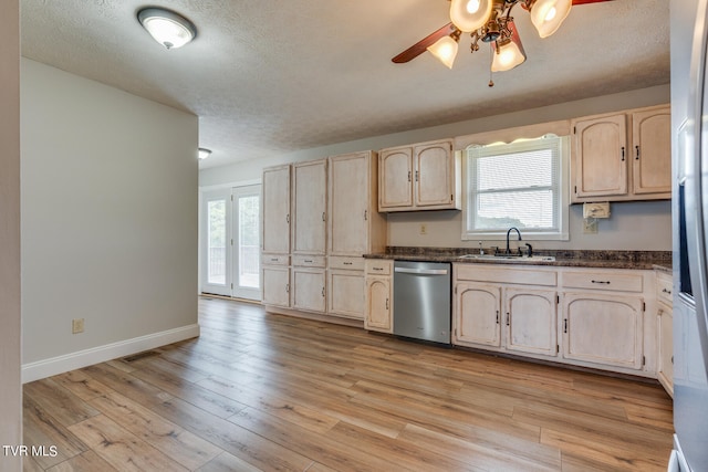 kitchen with ceiling fan, dishwasher, light hardwood / wood-style flooring, and sink