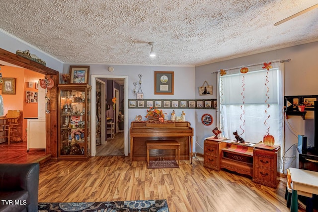 interior space featuring crown molding, wood finished floors, and a textured ceiling