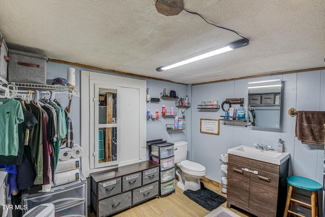 bathroom featuring a textured ceiling, wood finished floors, toilet, and vanity