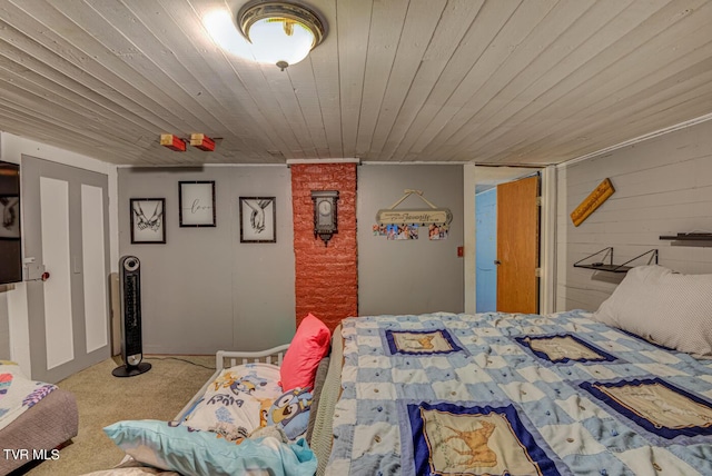 bedroom with carpet and wood ceiling